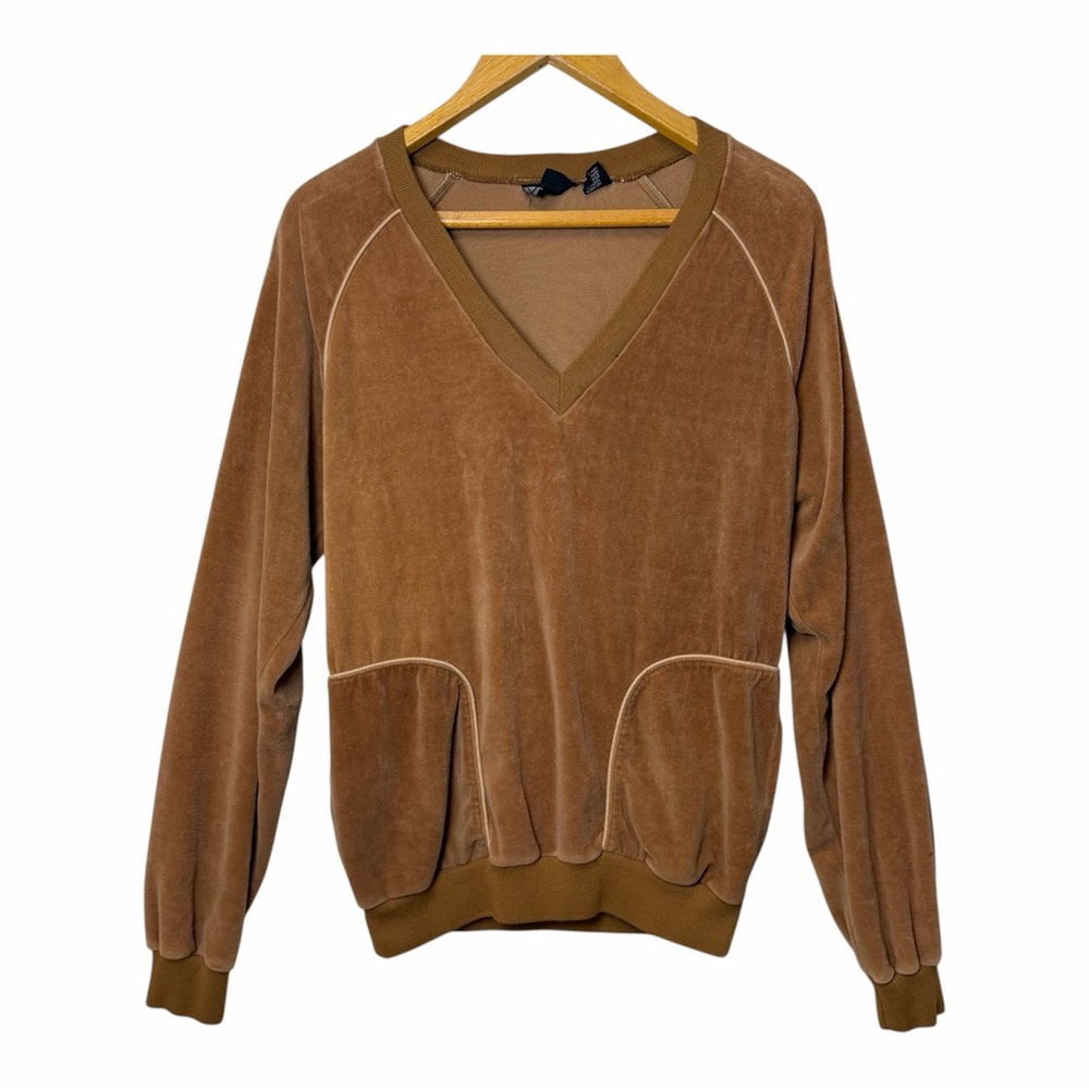 Vintage Saxony Velour V-Neck Sweater Brown 70s 80s Velvet Pullover M 80% Cotton